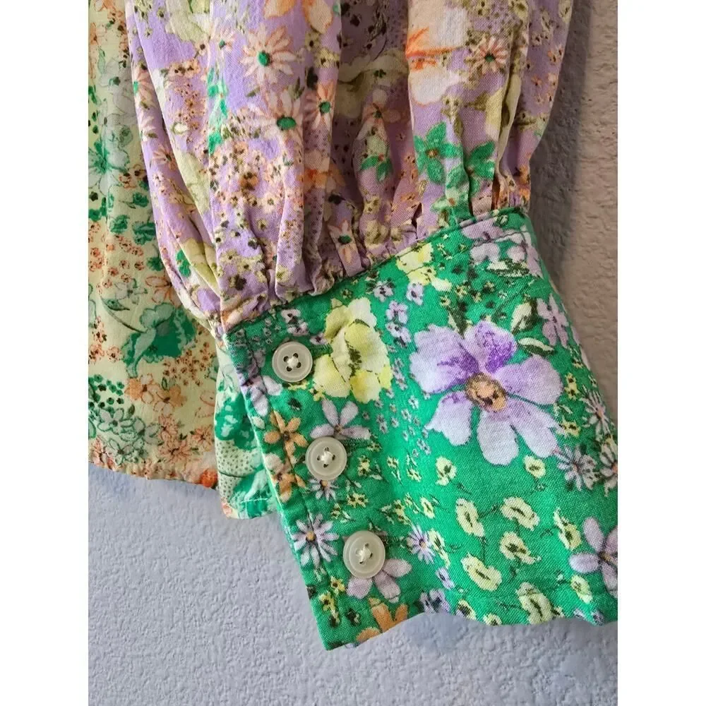 LOFT Floral Patchwork Blouse XL Boho Cottagecore Button Front Top Romantic